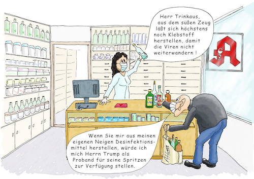 Cartoon: Desinfektionsmittel-Spritzen (medium) by Steckenpferd tagged corona,krise,cov19,covid19,desinfektionsmittel,desinfektionsmittelspritzen,desinfizieren,trump,usa,intravenös,neue,ideen,coronabekämpfung,alkohol,alkoholreste,neigen,neige,likör,apotheke,vertauen,klebstoff