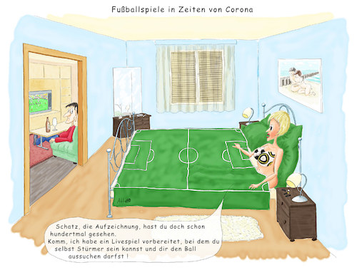 Cartoon: Fußballspiele in Coronazeiten (medium) by Steckenpferd tagged corona,krise,cov19,covid19,pandemie,epidemie,sport,fussball,fußball,spiel,spielsaison,abbruch,stürmer,ball,bälle,aufzeichnung,ehe,ehepaar,liebe,bett,zweisamkeit,beziehung,frau,mann,fan,virus