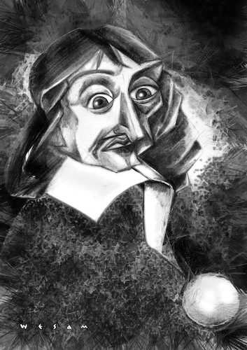 Cartoon: Descartes (medium) by Wesam Khalil tagged method,doubt,subjectivity,normals,analytic,geometry,cartesian,coordinate,system,dualism,interactionism,foundationalism,mathesis,universalis,folium,of,descartes,dream,argument,evil,demon,conservation,momentum,caricature