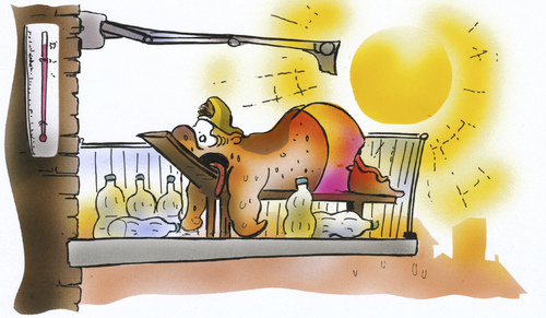 Cartoon: 40 Grad (medium) by HSB-Cartoon tagged warm,degree,hot,summer,sun,weather,sunburn,burnout,wetter,sonne,hitze,liegestuhl,deckchair,balkon