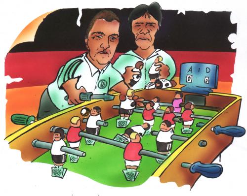 Cartoon: Auf ins Halbfinale (medium) by HSB-Cartoon tagged sport,fussball,europameisterschaft,jogi,löw,hansi,flick,sport,fussball,europameisterschaft,em,jogi,spieler,wettkampf,halbfinale,deutschland,türkei,löw,hansi,flick,tischfussball,kicker,aufstellung,strategie,beratung,vorgehen,jogi löw