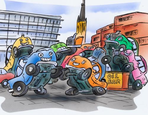 Cartoon: cars in the city (medium) by HSB-Cartoon tagged cars,street,town,city,road,parking,vehikel,illustration,illustrationen,auto,autos,industrie,automobilindustrie,autoindustrie,verkehr,straßenverkehr,stadt,tanzen,tanz,spaß,freizeit,technik,fahrzeug,transportmittel,personifizierung,personifizieren