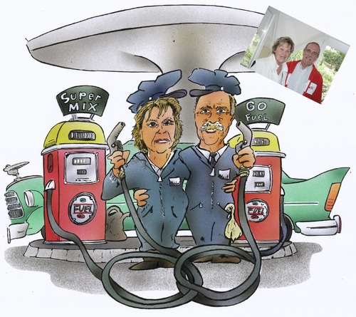 Cartoon: couple on the patrol station (medium) by HSB-Cartoon tagged patrol,station,couple,marriage,car,caricature,hsbcartoonde,hsbfaktoryde,airbrush,airbrushwork,airbrushart