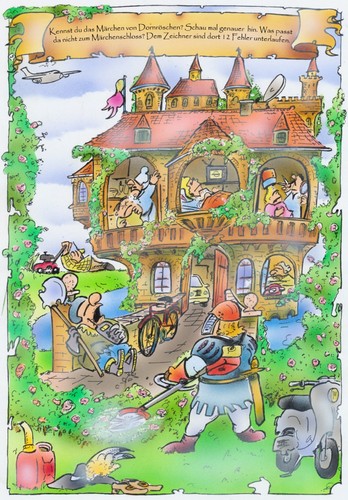 Cartoon: Dornröschen rätselbild (medium) by HSB-Cartoon tagged art,airbrush,cartoon,rätsel,königreich,hexe,könig,prinzessin,prinz,rosen,märchen,fehlerbild,dornröschen,design