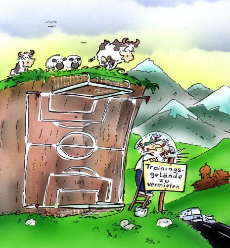 Cartoon: EM Vorbereitungen laufen (medium) by HSB-Cartoon tagged sport,schweiz,österreich,em2008,soccer,,sport,schweiz,österreich,em2008,fussball,gastgeber,fussballplatz,alm,alpen,kuh,weide,vermietung