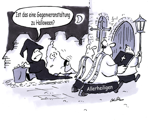 Cartoon: Halloween Allerheiligen (medium) by HSB-Cartoon tagged halloween,allerheiligen,verkleidung,horror,feiertag,kirche,pastor,kinder,kids