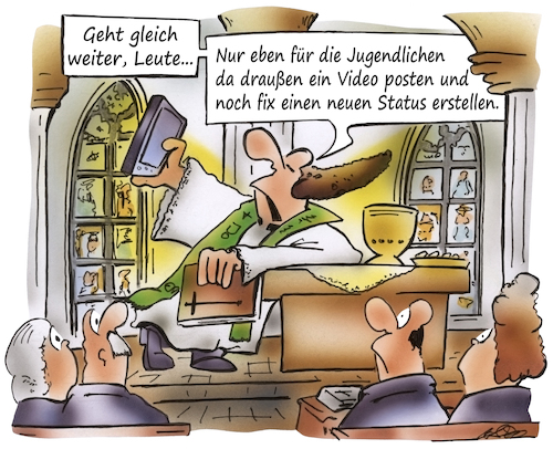 Cartoon: Kirchenmodernisierung (medium) by HSB-Cartoon tagged kirche,glaube,katholisch,evangelisch,atheist,glaubensfrage,glaubensbotschaft,messe,pastor,prister,medien,generation,kirchenbesucher,gottesdienst,cartoon,karrikatur,kirchenmodernisierung,glaubensbekenntnis,diakon,posten,klerus,christentum,jesus,gott,heilig,kirche,glaube,katholisch,evangelisch,atheist,glaubensfrage,glaubensbotschaft,messe,pastor,prister,medien,generation,kirchenbesucher,gottesdienst,cartoon,karrikatur,kirchenmodernisierung,glaubensbekenntnis,diakon,posten,klerus,christentum,jesus,gott,heilig