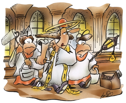 Cartoon: Kirchenumbau (medium) by HSB-Cartoon tagged kirche,katholisch,evangelisch,pastor,kirchenumbau,erneuerung,priester,pfarrer,pfarrgemeinde,lektor,messdiener,kirchendienst,gottesdienst,renovieren,klerus,dom,kathedrale,abtei,religion,kirchenreform,kirche,katholisch,evangelisch,pastor,kirchenumbau,erneuerung,priester,pfarrer,pfarrgemeinde,lektor,messdiener,kirchendienst,gottesdienst,renovieren,klerus,dom,kathedrale,abtei,religion,kirchenreform