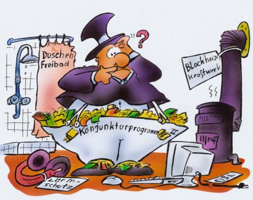 Cartoon: Konjunkturprogramm Wohin mit dem (medium) by HSB-Cartoon tagged konjunktur,konjunkturprogramm,wirtschaft,stadt,gemeinde,politik,lokalpolitik,geld,steuer,ausgaben,einnahmen