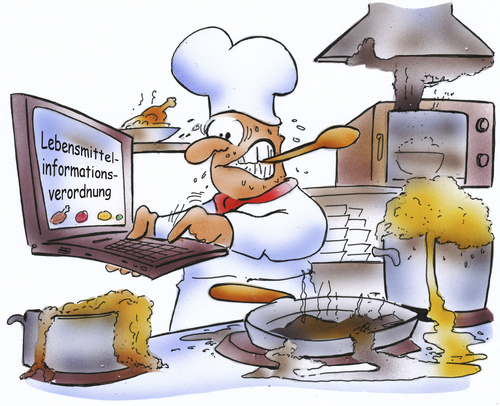 Cartoon: Lebensmittelinfo.-verordnung (medium) by HSB-Cartoon tagged koch,köche,köchin,küche,gastronomie,großküche,lebensmittel,essen,speise,lebensmittelinformationsverordnu,gesetz,verordnung,erlass,kochtop,gastwirt,menü,speisekarte,küchenchef,laptop,eu,lebensmittelkontrolle,gesundheitsamt,koch,köche,köchin,küche,gastronomie,großküche,lebensmittel,essen,speise,lebensmittelinformationsverordnung,gesetz,verordnung,erlass,kochtop,gastwirt,menü,speisekarte,küchenchef,laptop,eu,lebensmittelkontrolle,gesundheitsamt