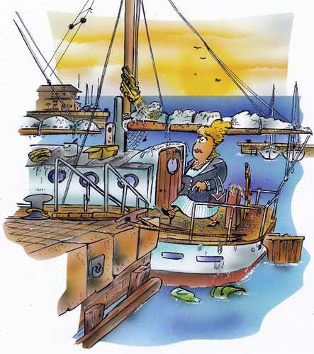 Cartoon: messy sailboat (medium) by HSB-Cartoon tagged sailing,sailboat,messy,dirty,harbour,boat,ocean,sea,cartoon,caricature,airbrush,illustration,illustrationen,schiffe,schiff,boot,boote,hafen,freizeit,segeln,segelboot