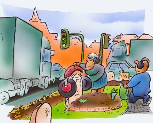 Cartoon: noise nuisance (medium) by HSB-Cartoon tagged noise,nuisance,peace,rip,rest,traffic,cemetery,town