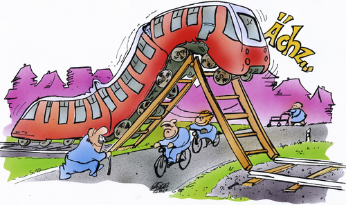 Cartoon: railway crossing (medium) by HSB-Cartoon tagged railway,train,crossing,bahn,db,lok,zug,bahnstrecke,railroad,street,gates,strasse,straße,leiter,ladder,cartoon,caricature,karikatur,airbrush,db,deutsche bahn,zug,bahn,bahnstrecke,schienen,behinderung,hilfe,bahnübergang,deutsche