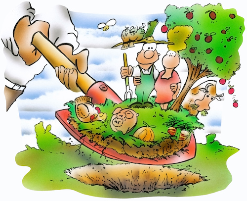 Cartoon: Selbstversorgung (medium) by HSB-Cartoon tagged bird,cow,farm,farmer,fruit,fruits,garden,harvest,lettuce,own,pig,root,roots,tree,vegetables,anbau,anbauen,eigenanbau,eigenbedarf,ernte,erntedank,ernährung,ertrag,garten,gartenanbau,gemüse,gemüseanbau,heimat,kleingarten,kleinlandwirt,landwirt,landwirtschaft,lebensmittel,lebensmittelversorgung,lebensstil,nahrung,obst,obstanbau,obsternte,region,regional,saat,schaufel,schüppe,selbstanbau,selbstversorgung,versorgung,versorgungssicherheit,wurzel,wurzeln,bird,cow,farm,farmer,fruit,fruits,garden,harvest,lettuce,own,pig,root,roots,tree,vegetables,anbau,anbauen,eigenanbau,eigenbedarf,ernte,erntedank,ernährung,ertrag,garten,gartenanbau,gemüse,gemüseanbau,heimat,kleingarten,kleinlandwirt,landwirt,landwirtschaft,lebensmittel,lebensmittelversorgung,lebensstil,nahrung,obst,obstanbau,obsternte,region,regional,saat,schaufel,schüppe,selbstanbau,selbstversorgung,versorgung,versorgungssicherheit,wurzel,wurzeln