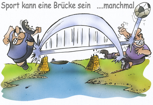 Cartoon: Sport can be a bridge (medium) by HSB-Cartoon tagged brücke,brigde,sport,soccer,fußball,fußballspieler,spieler,goal,player,tor,ball,river,fair,fairness,cartoon,caricature,karikatur,airbrush,fußball