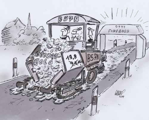 Cartoon: Teergeldmaschine (medium) by HSB-Cartoon tagged konjunkturprogramm,strassenbau,tiefbau,teermaschine,politik,wirtschaft,maschinen