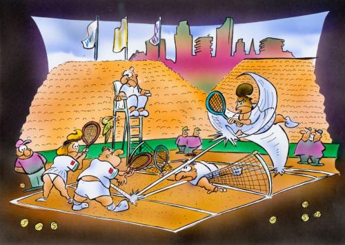 Cartoon: tennis (medium) by HSB-Cartoon tagged tennis,sport,illustration,cartoon,tennis,sport,sportler,tennisspieler,ballsport,bälle,ball,netz,mann,frau,gewinner,verlierer,spielen,spiel fitness,körpereinsatz,match,double,power,spiel,fitness