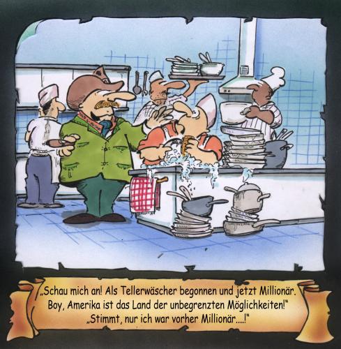 Cartoon: unbegrenzte Möglichkeiten USA (medium) by HSB-Cartoon tagged usa,amerika,millionär,chef,angestellter,geld,koch,tellerwäscher