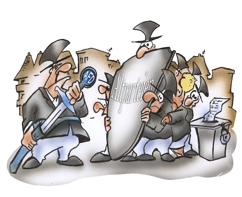 Cartoon: Verteidigungshaltung (medium) by HSB-Cartoon tagged afd,etablierte,parteien,spd,grüne,cdu,linke,politik,politiker,extremismus,auseinandersetzen,etabliert,altparteien,wahlen,wöählen,wahlgang,wahlurne,wähler,schutzschild,karikatur,karikaturzeichner,bundestagswahl,kommunalwahl,landtagswahl,kreistagswahl,opposition,presse,schwert,verteidigung,offensive,offensiv,angst,parteienlandschaft,protestpartei,alternative,deutschland,loklpolitik,bundespolitik,afd,etablierte,parteien,spd,grüne,cdu,linke,politik,politiker,extremismus,auseinandersetzen,etabliert,altparteien,wahlen,wöählen,wahlgang,wahlurne,wähler,schutzschild,karikatur,karikaturzeichner,bundestagswahl,kommunalwahl,landtagswahl,kreistagswahl,opposition,presse,schwert,verteidigung,offensive,offensiv,angst,parteienlandschaft,protestpartei,alternative,deutschland,loklpolitik,bundespolitik