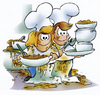 Cartoon: childrens kitchen (small) by HSB-Cartoon tagged kitchen,kids,children,meal,dinner,lunch,crockery,airbrush,illustration,cartoon,caricature,karikatur,kinder,küche,geschirr,herd,mutter,vater