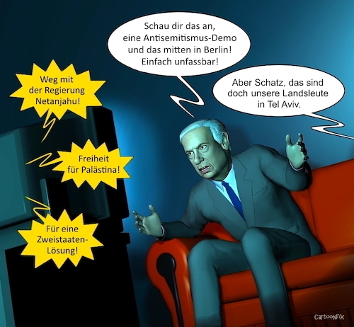 Cartoon: Antisemitismus Demo (medium) by Cartoonfix tagged nethanyahu,krieg,hamas,israel,proteste,palaestinenser,genozid,gaza