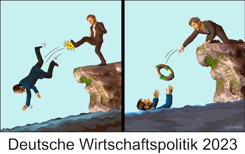 Cartoon: Wirtschaftspolitik 2023 (medium) by Cartoonfix tagged robert,habeck,bundesminister,für,wirtschaft,inflation,gaspreis,strompreis,abwanderung,der,industrie