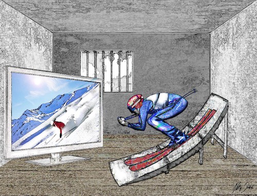 Cartoon: Hometraining im Lockdown Winter (medium) by jakpet tagged corona,lockdown,kontaktbeschränkungen,grenzschliessung,quarantäne,pandemie,gesundheitsschutz,politik,normalität,hoffnung,sehnsucht,einsamkeit