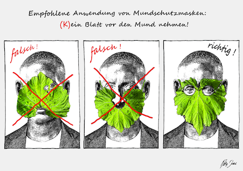 Cartoon: K-ein Blatt vor den Mund nehmen (medium) by jakpet tagged corona,hygienevorschriften,pandemie,gesundheit,virenschutz,probleme,anpassung,gesetzestreue,widerstand