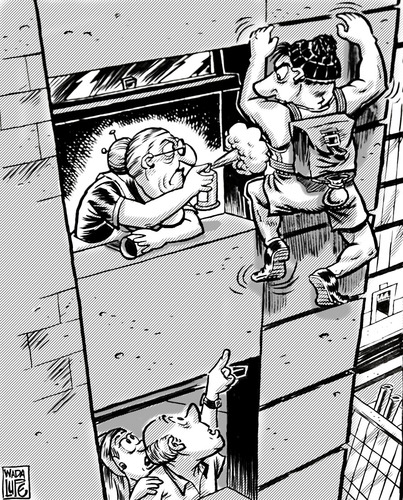 Cartoon: desodorante aracnido (medium) by Wadalupe tagged spiderman,escalada,edificio,ventana,abuela,vecinos,ciudad,cima,desodorante