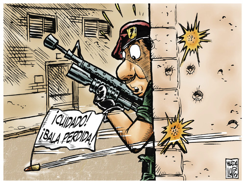 Cartoon: look out (medium) by Wadalupe tagged guerra,soldado,armas,balas,municiones,guerrilla,metralleta,ejercito,disparos