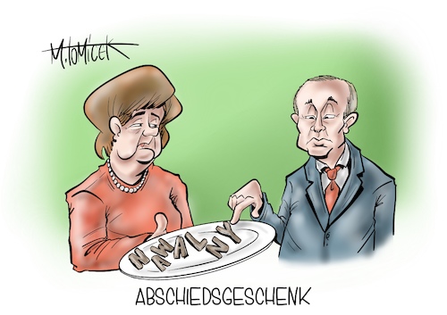 Cartoon: Abschiedsgeschenk (medium) by Mirco Tomicek tagged angela,merkel,gespräch,treffen,wladimir,putin,moskau,kreml,russisch,brot,nawalny,cartoon,karikatur,pressekarikatur,mirco,tomicek,angela,merkel,gespräch,treffen,wladimir,putin,moskau,kreml,russisch,brot,nawalny,cartoon,karikatur,pressekarikatur,mirco,tomicek