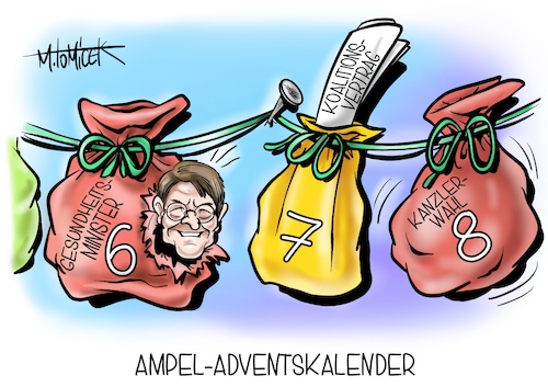 Cartoon: Ampel-Adventskalender (medium) by Mirco Tomicek tagged gesundheitsminister,ministerposten,minister,karl,lauterbach,ampelkoalition,koalition,spd,grüne,fdp,koalitionsvertrag,vertrag,bundeskanzler,kanzler,kanzleramt,olaf,scholz,regierung,pandemie,adventskalender,advent,weihnachten,cartoon,karikatur,pressekarikatur,mirco,tomicek,gesundheitsminister,ministerposten,minister,karl,lauterbach,ampelkoalition,koalition,spd,grüne,fdp,koalitionsvertrag,vertrag,bundeskanzler,kanzler,kanzleramt,olaf,scholz,regierung,pandemie,adventskalender,advent,weihnachten,cartoon,karikatur,pressekarikatur,mirco,tomicek