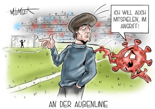 Cartoon: An der Außenlinie (medium) by Mirco Tomicek tagged em,achtelfinale,europameisterschaft,england,deutschland,kritik,zuschauer,zuschauerzahl,aufstockung,wembley,stadion,fanverhalten,fans,fan,jogi,löw,joachim,nationalelf,fußball,fußballmannschaft,mannschaft,uefa,großbritannien,corona,pandemie,virus,delta,variante,mutation,ansteckung,cartoon,karikatur,pressekarikatur,mirco,tomicek,em,achtelfinale,europameisterschaft,england,deutschland,kritik,zuschauer,zuschauerzahl,aufstockung,wembley,stadion,fanverhalten,fans,fan,jogi,löw,joachim,nationalelf,fußball,fußballmannschaft,mannschaft,uefa,großbritannien,corona,pandemie,virus,delta,variante,mutation,ansteckung,cartoon,karikatur,pressekarikatur,mirco,tomicek