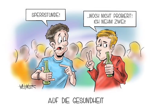 Cartoon: Auf die Gesundheit (medium) by Mirco Tomicek tagged sperrstunde,sperr,stunde,berlin,klubs,clubs,kneipen,bar,bars,restaurant,restaurants,drinks,cocktails,getränke,alkohol,bier,sekt,wein,party,feier,volk,partyvolk,coronaparty,versammlungen,hauptstadt,städte,corona,covid19,pandemie,kampf,virus,infektion,infektionen,bekämpfen,fallzahlen,karikatur,pressekarikatur,cartoon,mirco,tomicek,sperrstunde,sperr,stunde,berlin,klubs,clubs,kneipen,bar,bars,restaurant,restaurants,drinks,cocktails,getränke,alkohol,bier,sekt,wein,party,feier,volk,partyvolk,coronaparty,versammlungen,hauptstadt,städte,corona,covid19,pandemie,kampf,virus,infektion,infektionen,bekämpfen,fallzahlen,karikatur,pressekarikatur,cartoon,mirco,tomicek