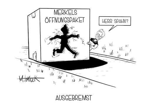 Cartoon: Ausgebremst (medium) by Mirco Tomicek tagged jens,spahn,angela,merkel,öffnung,öffnungsstrategie,strategie,öffnungspaket,schnelltest,märz,kostenlose,selbsttest,test,testen,versprochen,kostenlos,gesundheitsminister,gesundheit,lockdown,shutdown,corona,covid19,virus,viren,pandemie,paket,pakete,cartoon,karikatur,pressekarikatur,mirco,tomicek,jens,spahn,angela,merkel,öffnung,öffnungsstrategie,strategie,öffnungspaket,schnelltest,märz,kostenlose,selbsttest,test,testen,versprochen,kostenlos,gesundheitsminister,gesundheit,lockdown,shutdown,corona,covid19,virus,viren,pandemie,paket,pakete,cartoon,karikatur,pressekarikatur,mirco,tomicek