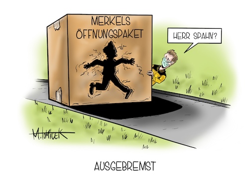 Cartoon: Ausgebremst (medium) by Mirco Tomicek tagged jens,spahn,angela,merkel,öffnung,öffnungsstrategie,strategie,öffnungspaket,schnelltest,märz,kostenlose,selbsttest,test,testen,versprochen,kostenlos,gesundheitsminister,gesundheit,lockdown,shutdown,corona,covid19,virus,viren,pandemie,paket,pakete,cartoon,karikatur,pressekarikatur,mirco,tomicek,jens,spahn,angela,merkel,öffnung,öffnungsstrategie,strategie,öffnungspaket,schnelltest,märz,kostenlose,selbsttest,test,testen,versprochen,kostenlos,gesundheitsminister,gesundheit,lockdown,shutdown,corona,covid19,virus,viren,pandemie,paket,pakete,cartoon,karikatur,pressekarikatur,mirco,tomicek