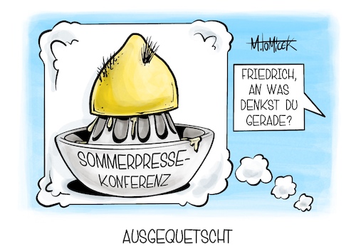 Cartoon: Ausgequetscht (medium) by Mirco Tomicek tagged sommerpressekonferenz,sommer,pk,pressekonferenz,friedrich,merz,kanzler,frage,antwort,ausgequetscht,zitrone,koalition,regierung,streit,aufrüstung,bundeswehr,verteidigung,karikatur,pressekarikatur,cartoon,mirco,tomicek,sommerpressekonferenz,sommer,pk,pressekonferenz,friedrich,merz,kanzler,frage,antwort,ausgequetscht,zitrone,koalition,regierung,streit,aufrüstung,bundeswehr,verteidigung,karikatur,pressekarikatur,cartoon,mirco,tomicek