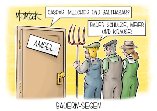 Cartoon: Bauern-Segen (medium) by Mirco Tomicek tagged bauern,wut,bauer,bauernverband,landwirte,landwirtschaft,blockade,fähre,schleswig,holstein,robert,habeck,ampel,ampelkoalition,koalition,regierung,sternsingen,heilige,drei,könige,karikatur,pressekarikatur,cartoon,mirco,tomicek,bauern,wut,bauer,bauernverband,landwirte,landwirtschaft,blockade,fähre,schleswig,holstein,robert,habeck,ampel,ampelkoalition,koalition,regierung,sternsingen,heilige,drei,könige,karikatur,pressekarikatur,cartoon,mirco,tomicek