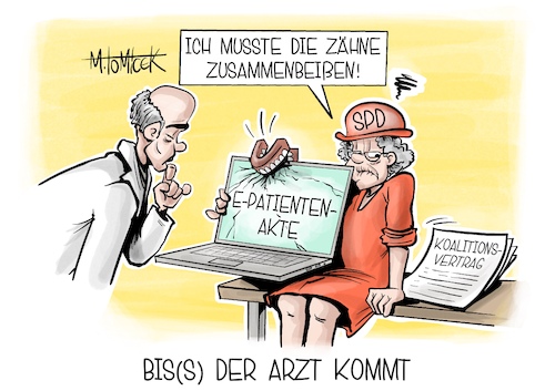 Cartoon: Biss der Arzt kommt (medium) by Mirco Tomicek tagged patientenakte,elektronische,akte,epa,ärzte,arzt,zahnarzt,alte,dame,spd,mitglieder,votum,koalitionsvertrag,koalition,union,cdu,csu,merz,regierung,regierungsbildung,groko,vertrag,minister,karikatur,pressekarikatur,cartoon,mirco,tomicek,patientenakte,elektronische,akte,epa,ärzte,arzt,zahnarzt,alte,dame,spd,mitglieder,votum,koalitionsvertrag,koalition,union,cdu,csu,merz,regierung,regierungsbildung,groko,vertrag,minister,karikatur,pressekarikatur,cartoon,mirco,tomicek
