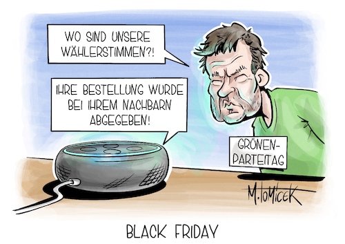 Cartoon: Black Friday (medium) by Mirco Tomicek tagged grünen,parteitag,grüne,partei,tag,robert,habeck,wähler,stimmen,wahl,ampel,koalition,amazon,alexa,black,friday,karikatur,cartoon,pressekarikatur,mirco,tomicek,grünen,parteitag,grüne,partei,tag,robert,habeck,wähler,stimmen,wahl,ampel,koalition,amazon,alexa,black,friday,karikatur,cartoon,pressekarikatur,mirco,tomicek