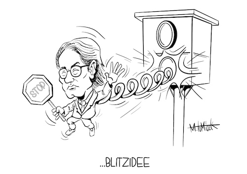 Cartoon: Blitzidee (medium) by Mirco Tomicek tagged scheuer,bußgeld,bußgeldkatalog,verkehrsminister,stvo,straßenverkehr,blitzer,führerschein,verkehrssünder,unordnung,chaos,auto,karikatur,cartoon,mirco,tomicek,scheuer,bußgeld,bußgeldkatalog,verkehrsminister,stvo,straßenverkehr,blitzer,führerschein,verkehrssünder,unordnung,chaos,auto,karikatur,cartoon,mirco,tomicek