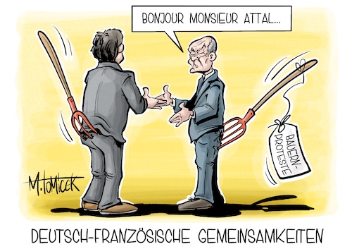 Cartoon: Deutsch-Französische (medium) by Mirco Tomicek tagged scholz,bundeskanzler,frankreich,französischer,premierminister,attal,berlin,bauern,bauernproteste,proteste,protest,demo,landwirte,landwirtschaft,cartoon,karikatur,pressekarikatur,mirco,tomicek,scholz,bundeskanzler,frankreich,französischer,premierminister,attal,berlin,bauern,bauernproteste,proteste,protest,demo,landwirte,landwirtschaft,cartoon,karikatur,pressekarikatur,mirco,tomicek