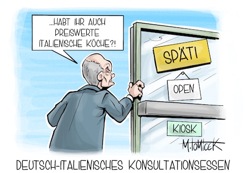 Cartoon: Deutsch-Italienisches (medium) by Mirco Tomicek tagged olaf,scholz,giorgia,meloni,regierung,konsultation,regierungskonsultationen,regierungskonsultation,konusltationssessen,essen,berlin,empfang,deutschland,italien,italienisch,treffen,späti,cartoon,karikatur,pressekarikatur,mirco,tomicek,olaf,scholz,giorgia,meloni,regierung,konsultation,regierungskonsultationen,regierungskonsultation,konusltationssessen,essen,berlin,empfang,deutschland,italien,italienisch,treffen,späti,cartoon,karikatur,pressekarikatur,mirco,tomicek