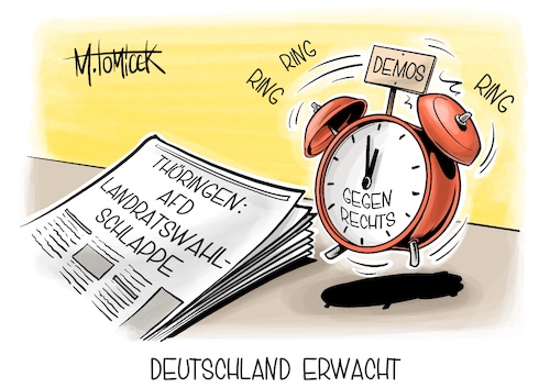 Cartoon: Deutschland erwacht (medium) by Mirco Tomicek tagged landratswahl,wahlen,wahl,afd,thüringen,demos,demonstrationen,gegen,rechts,rechtsextremismus,proteste,protest,cdu,saale,orla,kreis,cartoon,karikatur,pressekarikatur,mirco,tomicek,landratswahl,wahlen,wahl,afd,thüringen,demos,demonstrationen,gegen,rechts,rechtsextremismus,proteste,protest,cdu,saale,orla,kreis,cartoon,karikatur,pressekarikatur,mirco,tomicek