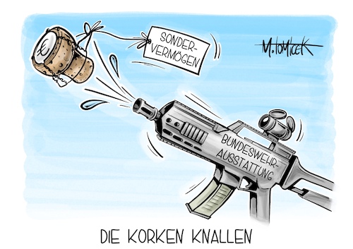 Cartoon: Die Korken knallen (medium) by Mirco Tomicek tagged bundeswehr,milliarden,programm,aufrüstung,militär,bundestag,bundesrat,grundgesetz,änderung,sonderfond,sondervermögen,vermögen,euro,geld,aufgerüstet,soldaten,bundeswehrausstattung,cartoon,karikatur,pressekarikatur,mirco,tomicek,bundeswehr,milliarden,programm,aufrüstung,militär,bundestag,bundesrat,grundgesetz,änderung,sonderfond,sondervermögen,vermögen,euro,geld,aufgerüstet,soldaten,bundeswehrausstattung,cartoon,karikatur,pressekarikatur,mirco,tomicek