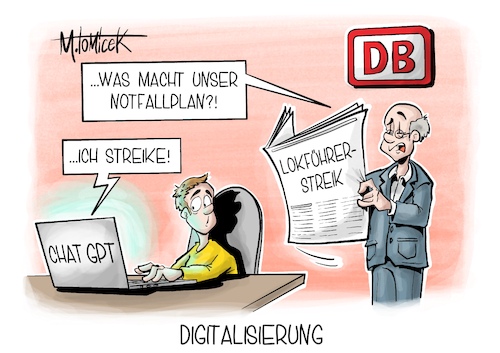 Cartoon: Digitalisierung (medium) by Mirco Tomicek tagged lokführerstreik,streik,streiken,bahnstreik,lokführer,db,deutsche,bahn,notfallplan,notfallfahrplan,fahrplan,bahnverkehr,züge,bahnhof,chatgpt,cartoon,karikatur,pressekarikatur,mirco,tomicek,lokführerstreik,streik,streiken,bahnstreik,lokführer,db,deutsche,bahn,notfallplan,notfallfahrplan,fahrplan,bahnverkehr,züge,bahnhof,chatgpt,cartoon,karikatur,pressekarikatur,mirco,tomicek