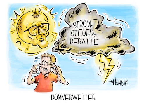Cartoon: Donnerwetter (medium) by Mirco Tomicek tagged heiß,hitze,wetter,hitzewelle,temperatur,rekordtemperatur,wetterlage,gewitter,regen,donnerwetter,friedrich,merz,stromsteuer,debatte,steuern,steuer,strom,industrie,verbraucher,schwarz,rot,union,cdu,spd,karikatur,pressekarikatur,cartoon,mirco,tomicek,heiß,hitze,wetter,hitzewelle,temperatur,rekordtemperatur,wetterlage,gewitter,regen,donnerwetter,friedrich,merz,stromsteuer,debatte,steuern,steuer,strom,industrie,verbraucher,schwarz,rot,union,cdu,spd,karikatur,pressekarikatur,cartoon,mirco,tomicek