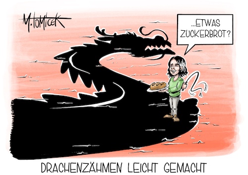 Cartoon: Drachenzähmen leicht gemacht (medium) by Mirco Tomicek tagged china,annalena,baerbock,reise,außenministerin,besuch,themen,ukraine,taiwan,komplex,schwierig,zusammenarbeit,partner,partnerschaft,chancen,drache,drachen,cartoon,karikatur,pressekarikatur,mirco,tomicek,china,annalena,baerbock,reise,außenministerin,besuch,themen,ukraine,taiwan,komplex,schwierig,zusammenarbeit,partner,partnerschaft,chancen,drache,drachen,cartoon,karikatur,pressekarikatur,mirco,tomicek