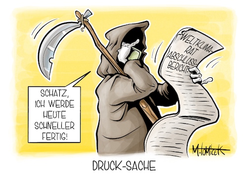 Cartoon: Druck-Sache (medium) by Mirco Tomicek tagged weltklima,weltklimarat,ipcc,bericht,abschlussbericht,klima,klimakatastrophe,katastrophe,klimawandel,umwelt,natur,klimaschutz,klimaverhandlungen,schweiz,synthesebericht,cartoon,karikatur,pressekarikatur,mirco,tomicek,weltklima,weltklimarat,ipcc,bericht,abschlussbericht,klima,klimakatastrophe,katastrophe,klimawandel,umwelt,natur,klimaschutz,klimaverhandlungen,schweiz,synthesebericht,cartoon,karikatur,pressekarikatur,mirco,tomicek