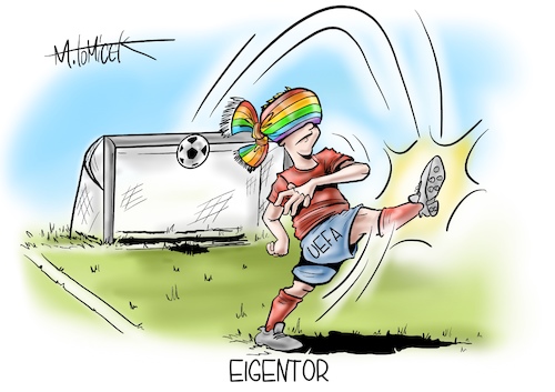 Cartoon: Eigentor (medium) by Mirco Tomicek tagged uefa,verbietet,regenbogen,arena,münchen,münchener,stadion,em,spiel,europameisterschaft,deutsche,mannschaft,deutschland,ungarn,regenbogenfarben,farben,lgbtq,bunt,beleuchten,fußball,fußballspiel,fußballer,cartoon,karikatur,pressekarikatur,mirco,tomicek,uefa,verbietet,regenbogen,arena,münchen,münchener,stadion,em,spiel,europameisterschaft,deutsche,mannschaft,deutschland,ungarn,regenbogenfarben,farben,lgbtq,bunt,beleuchten,fußball,fußballspiel,fußballer,cartoon,karikatur,pressekarikatur,mirco,tomicek